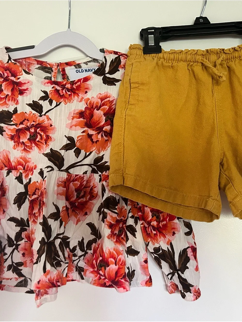 Old Navy White Top with Orange Floral Print + Mustard Yellow Shorts